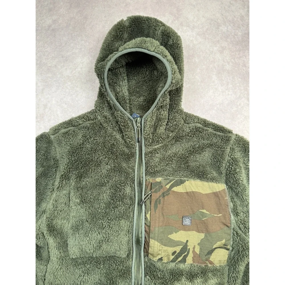 Roark Men M Sherpa Fleece Full Zip Hoodie Olive Green Camo Pocket Jacket Outdoor